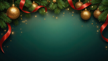 Christmas greeting card background with golden ornaments, green pine needles, and red ribbon