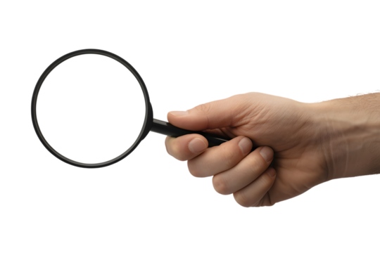 Hand holding a magnifying glass isolated on transparent background
