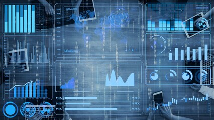 Naklejka premium Data analytics and big data strategy for real-time analytics, predictive data modeling, business intelligence analytics, and data-driven decision-making in modern digital businesses. Thunk