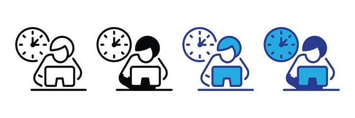 Person working on laptop with clock icon symbolizing time management, deadline, or productivity