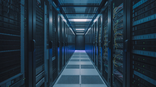 Illuminated server room aisle with rows of racks