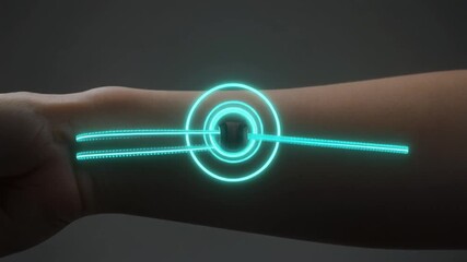 Close-up forearm with a smart textile wristband emitting concentric neon rings that visualize heart-rate and oxygen data streams; clean studio lighting, brand-safe, perfect for wearable tech health - Powered by Adobe