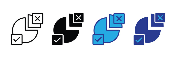 Pie chart icon with checkmark and cross symbols representing data analysis, options, and decisions
