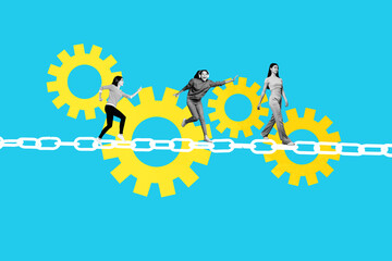 Composite banner photo collage of three happy business partners walk metal chain gearwheel optimization progress team building
