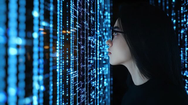 A person gazes intently at glowing blue data streams, capturing the essence of technology and innovation in a digital setting