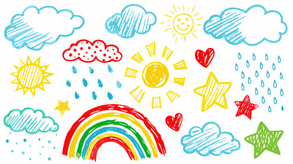 Cheerful sky elements with rainbow, sun, clouds, rain and stars, bringing joy to any design, perfect for kids projects and whimsical themes