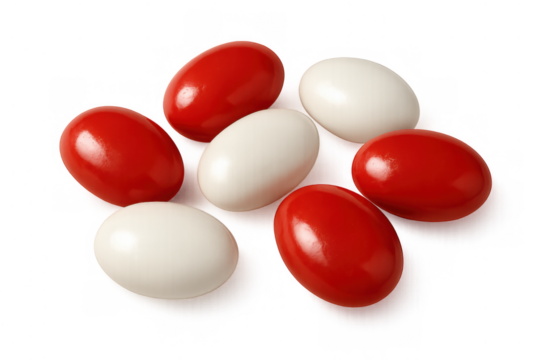 Red and white oval pills scattering, symbolizing medicine, healthcare, and treatment on a seamless transparent background