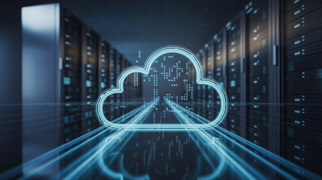 Digital cloud symbol illuminates server room data center pathway
