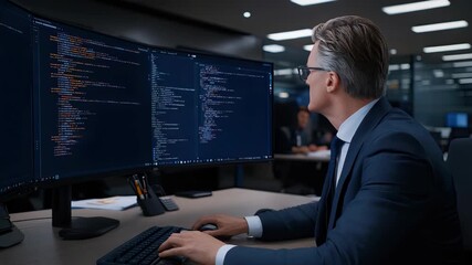 An individual focused on coding at his workstation with multiple monitors late in the evening, surrounded by a sleek office setting
