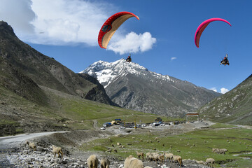 Tourists paragliding 3 pm 6 june 2025 at Leh Ladakh with view of Himalayan mountain range.