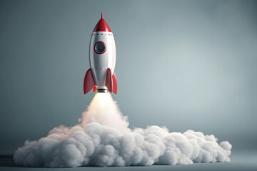 Retro toy rocket ascending with smoke on gradient