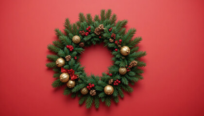 Christmas wreath on red background, top view with pine branches and golden bells