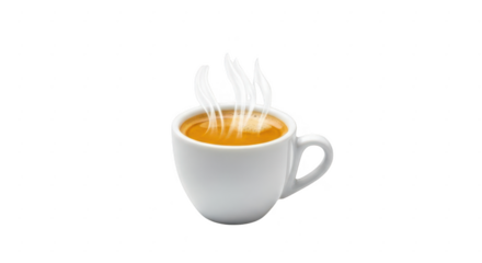 A steaming hot cup of coffee or tea in a white mug with wisps of steam rising isolated on transparent background