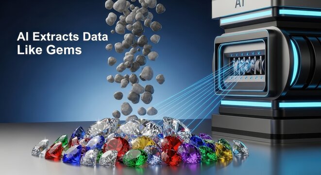 AI Data Extraction Concept: A futuristic machine metaphorically extracts data like precious gems, symbolizing the value and refinement of information in the age of artificial intelligence. - Powered by Adobe