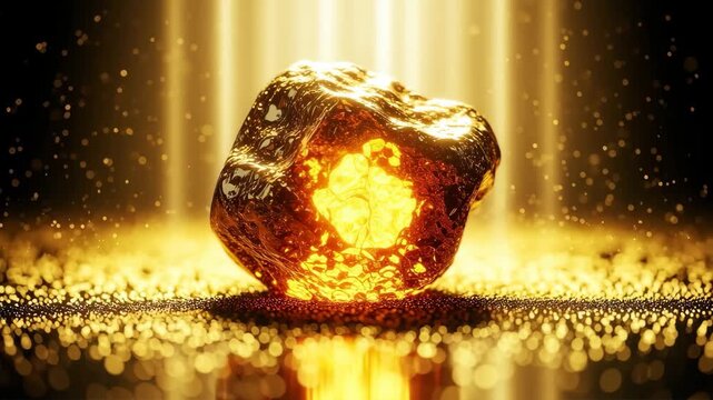 Luminous gold nugget shimmers with radiant light and falling golden particles, 4k high quality
