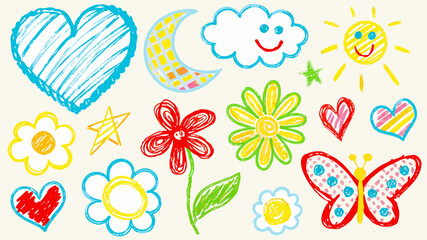 Cheerful whimsical crayon drawings evoke childhood joy and creativity, perfect for kids' designs and playful themes from an original scalable vector graphic