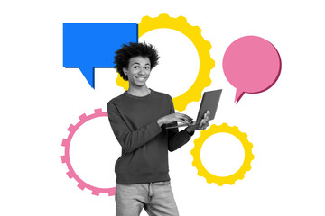 Full 3d art pop image collage of happy businessman hold laptop type message optimization gearwheel success deal achievement