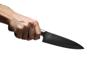 A muscular caucasian male hand with tense knuckles gripping a professional gyuto knife on a white background with copyspace. Concept of controlled violence