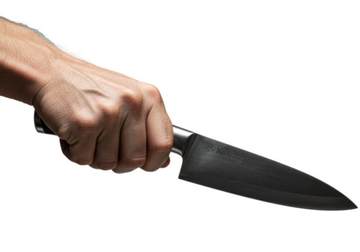 A muscular caucasian male hand with tense knuckles gripping a professional gyuto knife on a white background with copyspace. Concept of controlled violence