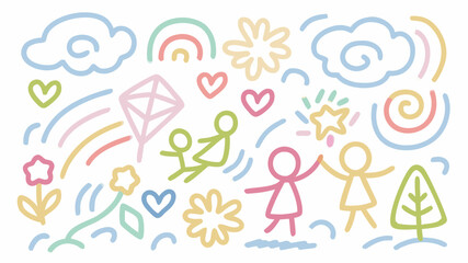 Fototapeta premium Whimsical hand-drawn style illustration evoking childhood joy and nature's beauty with flowers, rainbows, and playful stick figures for uplifting designs