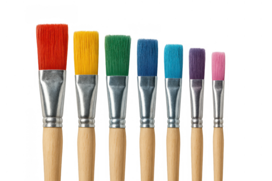 Colorful paintbrushes creating a rainbow of bristles, showing art supplies for painting and creativity on transparent background
