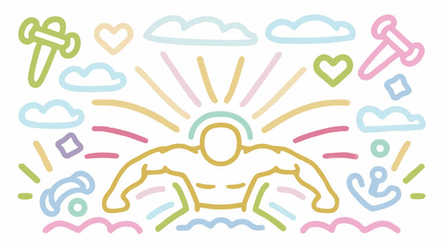 Dynamic swimmer illustration with sun, clouds, and weights evokes energy and health, ideal for fitness, lifestyle, and motivation content