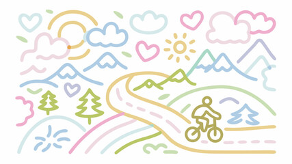 Cheerful cyclist enjoying mountain road trip with sunshine, rainbows, and hearts, promoting outdoor fitness and joyful adventure in a clean, modern style