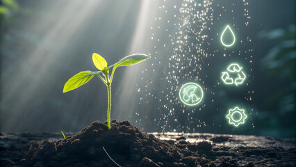 Seedling in rain with holographic green energy icons