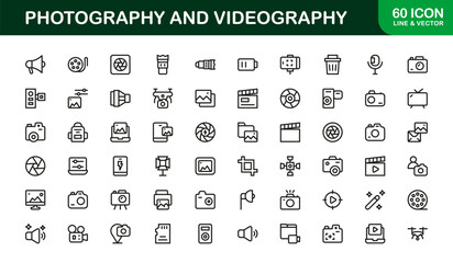 Photography and Videography Flat Icon Set. Sleek and Creative icons for cameras, video, and media tools
