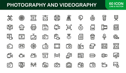 Photography and Videography Modern Icon Set. Clean and Minimal icons for filming, cameras, and media

