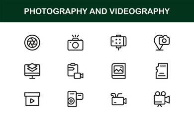 Photography and Videography Flat Icon Set. Sleek and Creative icons for cameras, video, and media tools
