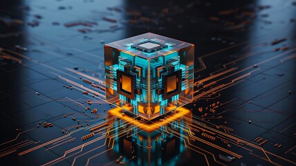 Futuristic glowing tech cube with digital circuits and high-tech cyber background 
