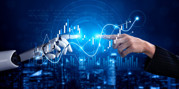 A striking representation of collaboration between human and robot hands reaching towards data analysis graphics, symbolizing innovation and advancement in technology. Scalp