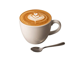 Side View of Cappuccino Cup with Latte Art and Spoon, Isolated PNG