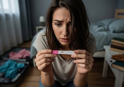 A worried young woman holds a positive pregnancy test in her hands, looking distressed.
