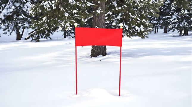 Vibrant red banner standing tall in a pristine snowy landscape, symbolizing a clear path for new year goals and fresh beginnings - Powered by Adobe