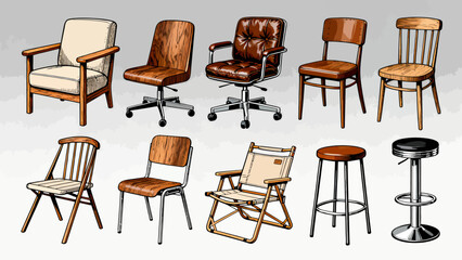 A collection of chairs and stools, featuring cartoon hand-drawn vector illustrations, including leather chairs, wooden chairs, gaming chairs, fabric chairs, lounge chairs, high stools, and bamboo chai