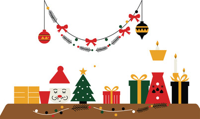 Christmas shelf decoration illustration, gift boxes, ornaments, Santa face, festive garland, holiday vector design, seasonal celebration symbol, cad sketch style