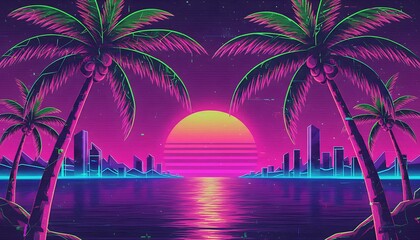 Synthwave sunset over a neon cityscape with palm trees reflected in the water, vibrant retro-futuristic aesthetic