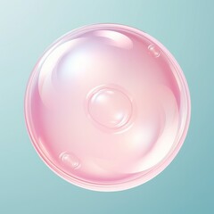 A glossy pink bubble on a light blue background. Abstract liquid sphere illustration with shiny reflections for a cosmetic or skincare concept