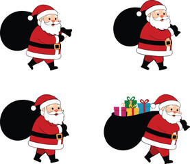 Santa Claus walking with gift sack illustration, Christmas festive character, colorful cartoon vector, holiday celebration symbol, cad drawing flat design