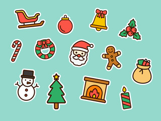 Set of cute Christmas cartoon sticker includes Santa Claus, Christmas tree, candy cane, holly leaves, gingerbread man, snowman, and many more. Perfect for scrapbooks or greeting cards