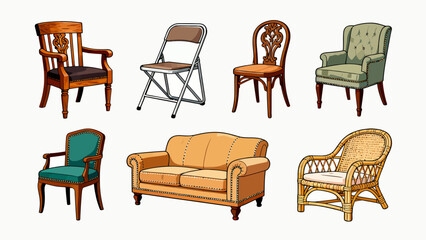 A collection of chairs and stools, featuring cartoon hand-drawn vector illustrations, including leather chairs, wooden chairs, gaming chairs, fabric chairs, lounge chairs, high stools, and bamboo chai