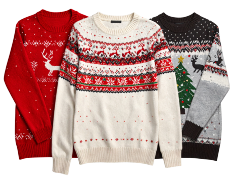 Set of Three Colorful Christmas Ugly Sweaters, Flat Lay, Isolated on Transparent Background