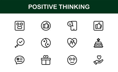 Positive Thinking Outline Icon Set. Clean and Modern icons for mindset, inspiration, and personal growth
