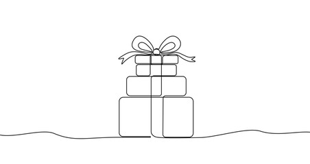 Fototapeta na wymiar Stack of gifts with a bow in one line art style. Drawing of festive boxes with editable black stroke on a white background. Vector illustration.