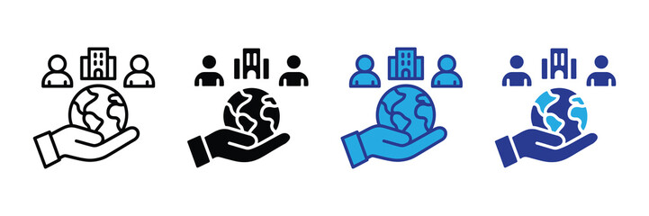 Global business concept with hand holding earth and people icons, representing international collaboration and corporate