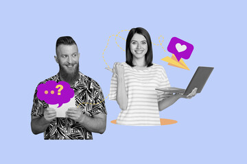 Pop full retro 3d magazine collage image of happy girl guy hold laptop blogger like icon heart bubble communication speech