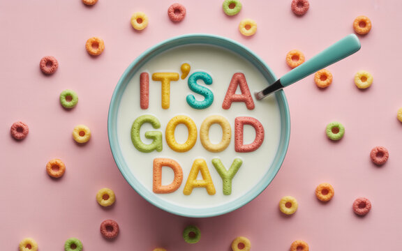 Colorful cereal letters spelling it's a good day floating in milk inside a bowl on a pink background creating a cheerful and positive breakfast scene perfect for kids and families