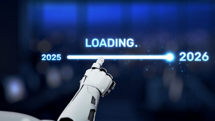 A robotic hand points toward a loading progress bar indicating a transition from the year 2025 to 2026, set against a modern, high-tech background. Synapse